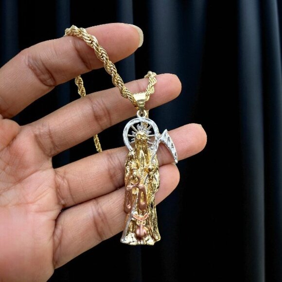 14K GP Grim Reaper Pendant Iced Bling Santa Muerte Rope Torch Chain Jewelry - Picture 1 of 5